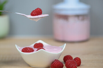 A spoon resting on top of a bowl of thick yogurt with a raspberry placed on it