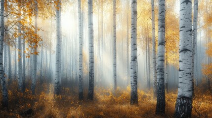 Foggy Autumn Morning in Dense Birch Forest with Golden Leaves