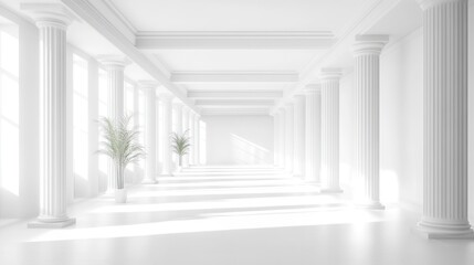 Sunlit white classical hallway; plants; interior design