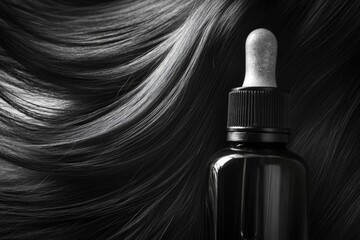 A detailed view of a bottle with a hair-related product, suitable for use in articles about beauty, grooming or wellness