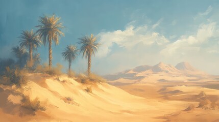 Palm trees on sand dunes under a bright blue sky landscape