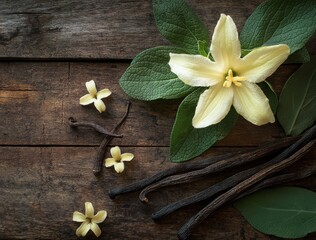 Fototapeta premium Beautiful arrangement of vanilla flower, fresh leaves, and vanilla pods on rustic wooden background showcasing natural elegance and culinary charm
