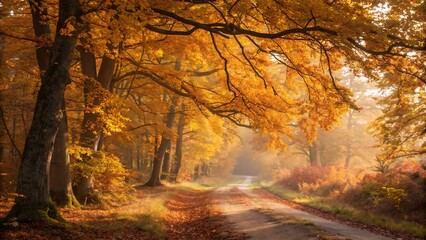 Obraz premium Golden Autumn Road Breathtaking Fall Foliage Photography