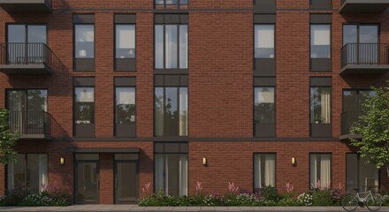 Modern Brick Apartment Building Illustration - Urban living, contemporary design, brick facade, large windows, residential architecture