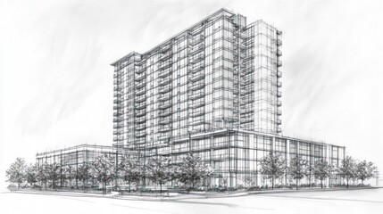 Modern high-rise apartment building architectural sketch