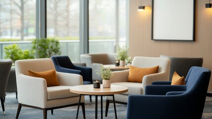 Fototapeta premium Modern lounge area with comfortable seating, natural light, and elegant decor in a contemporary building