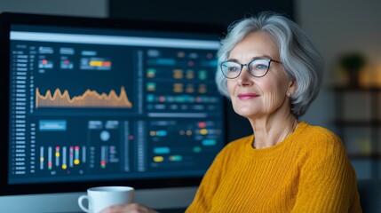 Senior woman analyzing data on computer screen while enjoying a cup of coffee in a modern office setting