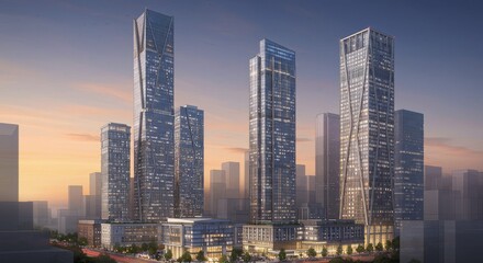 Fototapeta premium Modern Skyscrapers at Sunset - Stunning view of three modern skyscrapers at sunset, showcasing architectural design and urban development