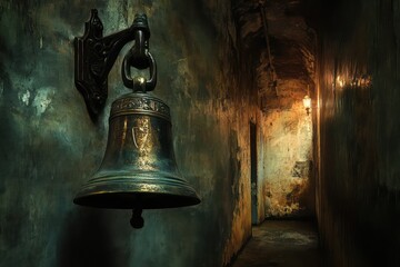 Obraz premium A bronze bell hangs on the wall in a dimly lit corridor