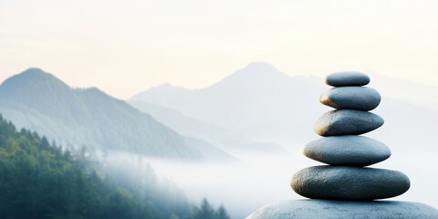 meditative mountain scene, a serene mountain scene with a thoughtfully placed stone stack in front, and misty peaks in the distance
