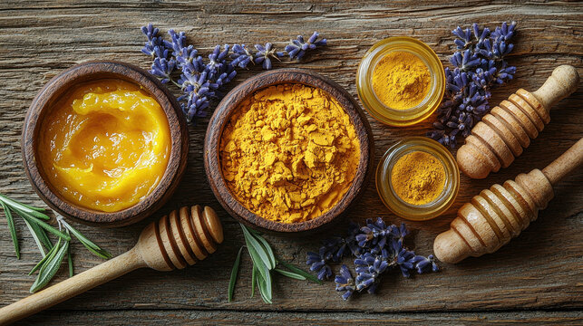 Natural clay face mask ingredients with turmeric and honey arranged on rustic wood for a wellness experience