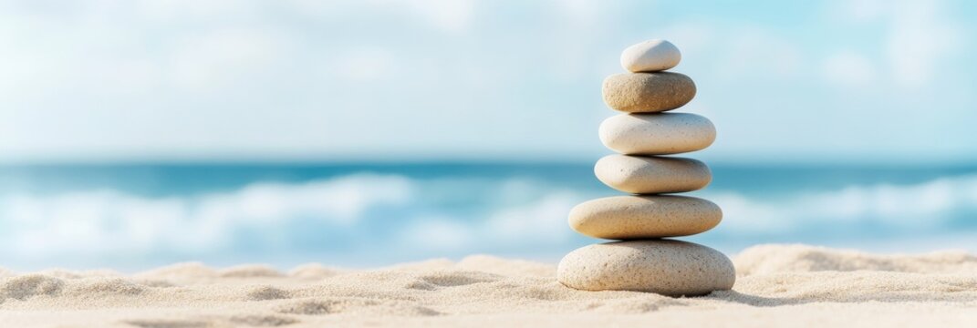 nature d stone stack, a d stone stack on a sandy beach with gentle waves and a misty horizon in a nature-themed web banner creates a calming vibe