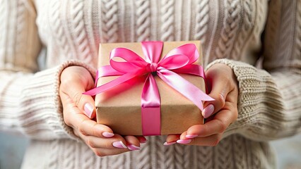 A woman is holding a white gift box with a pink ribbon