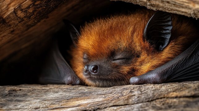 Sleeping red bat in tree hollow, daytime. Wildlife nature image