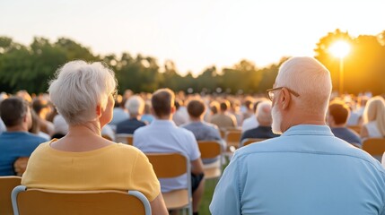 Crowd of diverse people enjoying an outdoor event during sunset in a warm summer evening