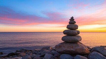 beach pyramid sunset, a calm sunset scene on the coast featuring several stone pyramids perched on a rocky shore, with the colorful sky and ocean in view