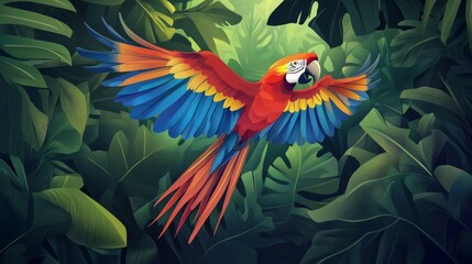 Obraz premium Colorful Macaw Soaring Through Lush Jungle