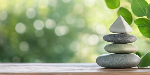 wellness retreat template, a contemporary wellness template featuring a zen stone pyramid on wood with blurred natural backdrop and ample text space