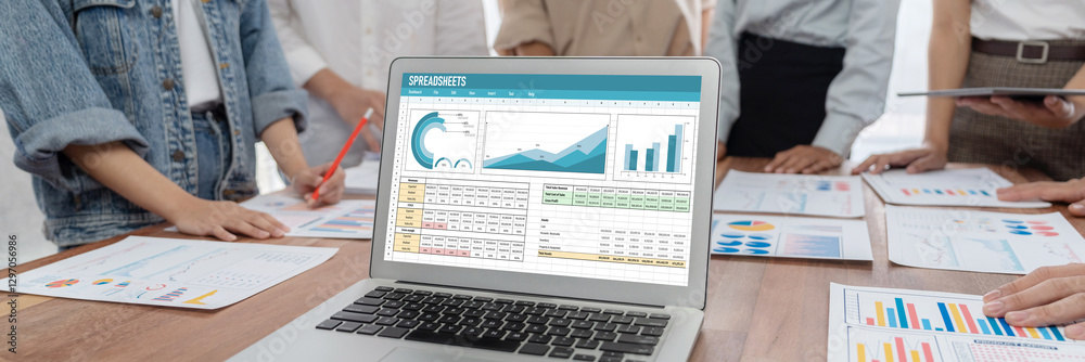 Poster Spreadsheet document information financial startup concept. data and graphs in spreadsheet documents for online analysis project dashboard accounting digital brisk