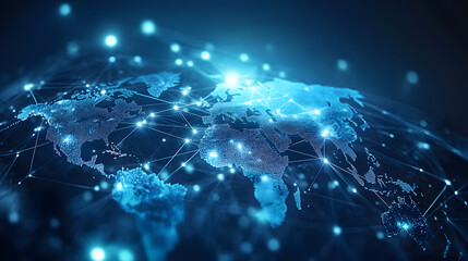 light blue background with a digital world map and global network connections, representing the concept of international business or connectivity
