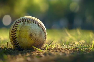 A baseball sits alone on a vibrant, well-manicured lawn