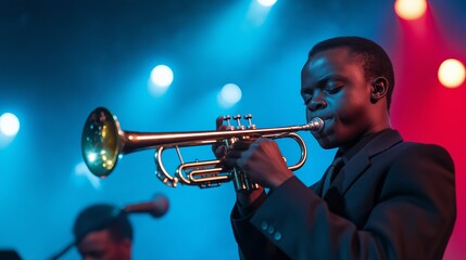 Obraz premium Young musician performs a lively trumpet solo at a vibrant concert in the evening with colorful stage lights