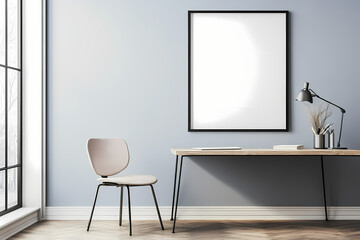 A mockup of an empty, blank white poster frame on the wall in an office room with a desk and chair, featuring a modern interior design