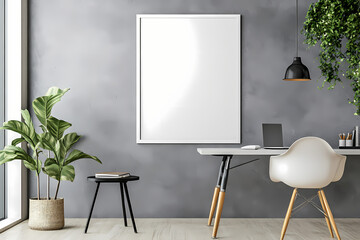 A mockup of an empty, blank white poster frame on the wall in an office room with a desk and chair, featuring a modern interior design