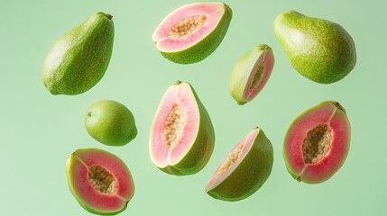 Whole and sliced guavas floating in mid-air, showcasing their pink flesh and green skin.