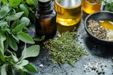 Tabletop display of various essential oils and herbs for aromatherapy or cooking