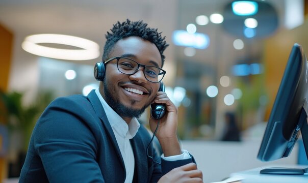 Smiling call center agent working in modern office
