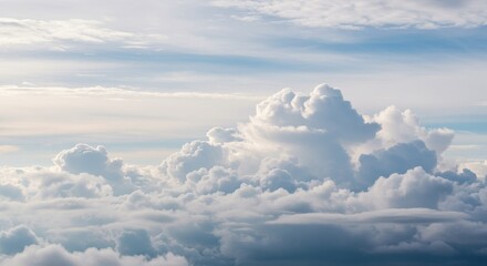 Serene Cloudscape Above - Stunning aerial view of fluffy cumulus clouds illuminated by soft sunlight, creating a peaceful and dreamy atmosphere
