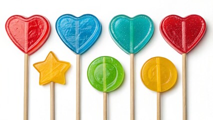 Close-up studio shot of a row of assorted lollipops in vibrant colors and playful patterns against a white background. Ideal for projects related to candy, desserts, and fun