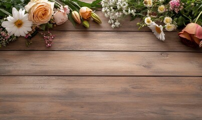 Peach roses, daisies, and wildflowers arranged on rustic wood.