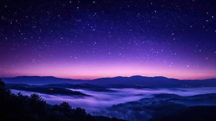 Naklejka premium Night sky, mountain mist, starlit landscape, scenic view, nature photography