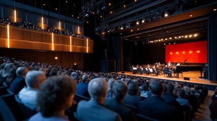 Concert performance featuring a full orchestra in an elegant theater with a captivated audience