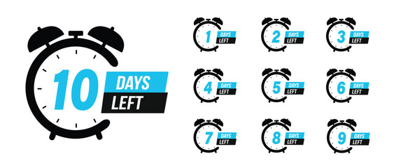 Number 1, 2, 3, 4, 5, 6, 7, 8, 9, 10, of days left to go vector. Collection badges sale, landing page, banner. Promotional banners. 