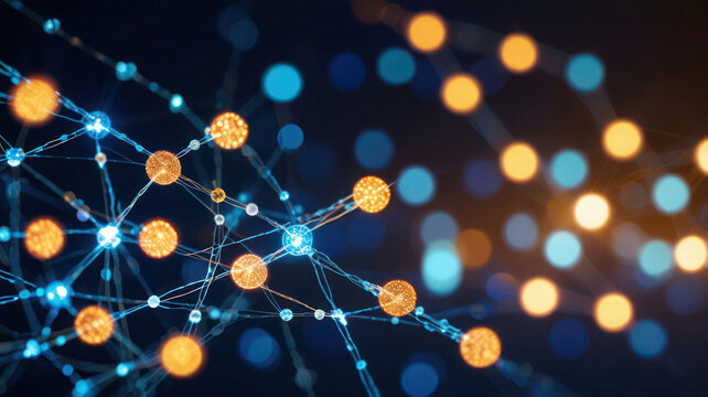 Shimmering Light Effects Create A Bokeh Style On Network Of Digital Nodes And Connections Against Blue Background