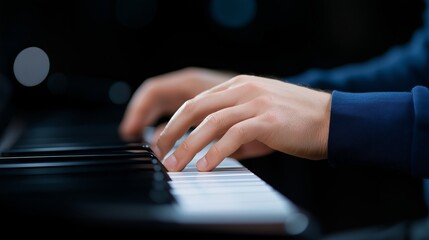 Musician skillfully playing piano keys in a dimly lit room during evening hours