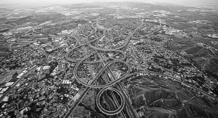 Obraz premium Urban Sprawl Aerial: Intricate Road Network - Aerial view of complex city infrastructure, showcasing urban sprawl, intricate road network, and topographical details. Symbolizes connectivity