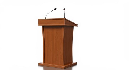 Wooden Lectern Podium with Microphones - A modern wooden lectern with two microphones, ideal for presentations and speeches. Clean white background