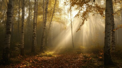 Fototapeta premium Foggy Autumn Morning in Dense Birch Forest with Golden Leaves