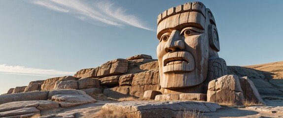 Ancient totem face carved into rocky hillside at the archaeological site in North America during daylight hours
