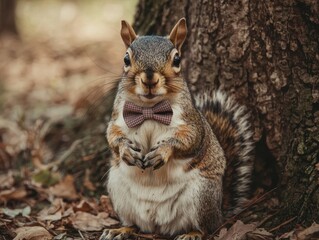 Obraz premium Dapper squirrel with a brown bow tie posing elegantly in a woodland setting