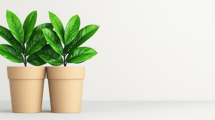 Fototapeta premium Green Leafy Plants in Stylish Pots on Minimalist Background