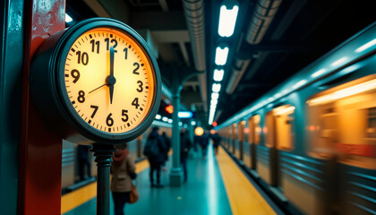 Subway clock indicating time amidst blurred train motion, urban life, concept of time, copy space