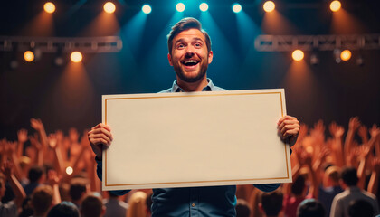 Jubilant man holding giant lottery cheque on stage, celebratory excitement, mockup