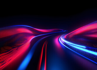 Abstract background with glowing neon lines and waves on a black, blue, and red light effect