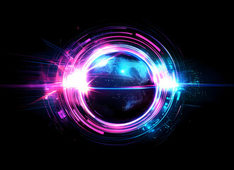 Abstract glowing neon planet Earth with digital lines and light effects on a black background