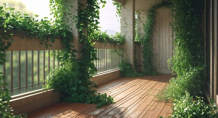 Fototapeta premium Sunlit balcony retreat with wooden flooring and lush greenery for relaxation and leisure.